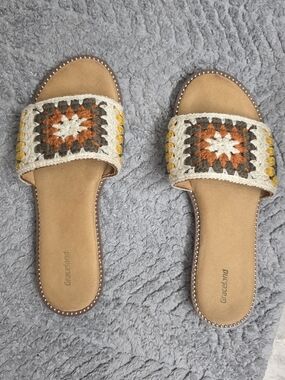 Grace Women's Tan Crochet Slide Sandals - Orange Accent